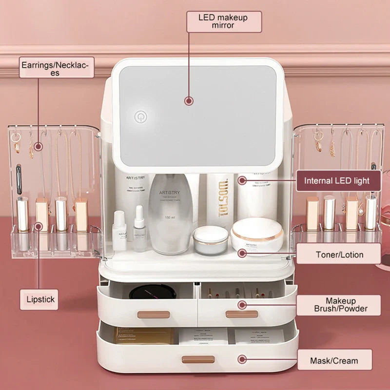 Organisateur Maquillage LED avec Miroir - Boîte Rangement Cosmétiques Tiroirs Anti-Poussière - SHOP VELUMIA