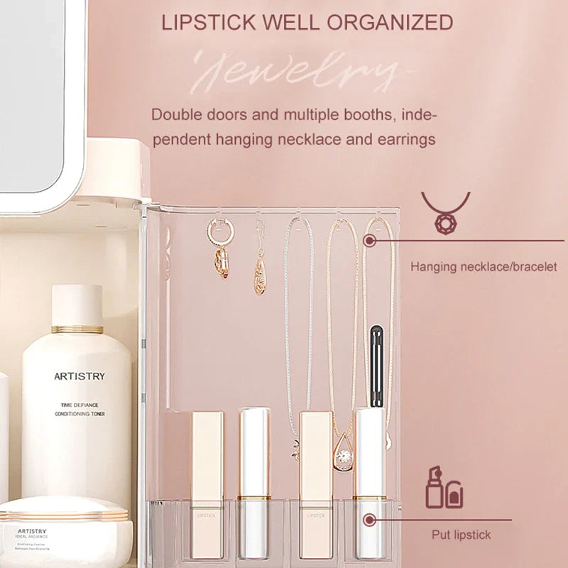Organisateur Maquillage LED avec Miroir - Boîte Rangement Cosmétiques Tiroirs Anti-Poussière - SHOP VELUMIA