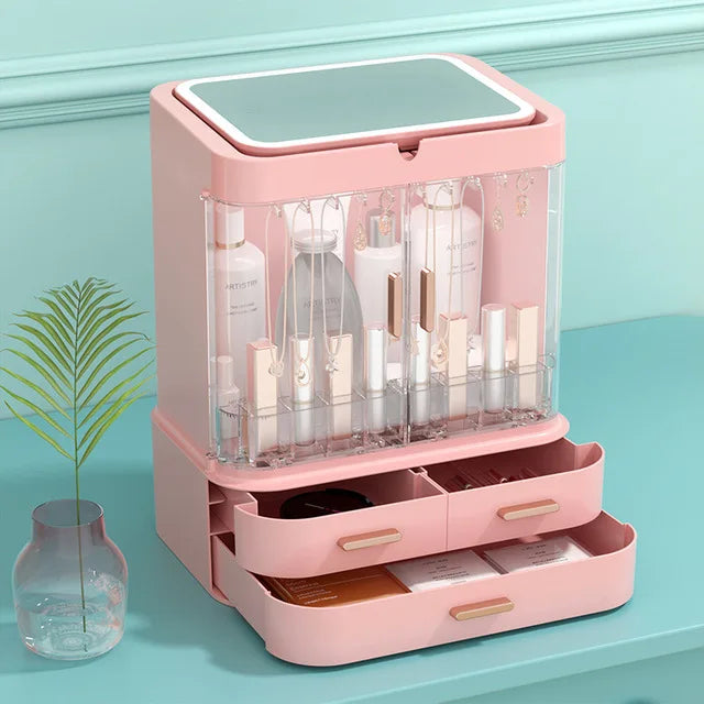 Organisateur Maquillage LED avec Miroir - Boîte Rangement Cosmétiques Tiroirs Anti-Poussière - SHOP VELUMIA