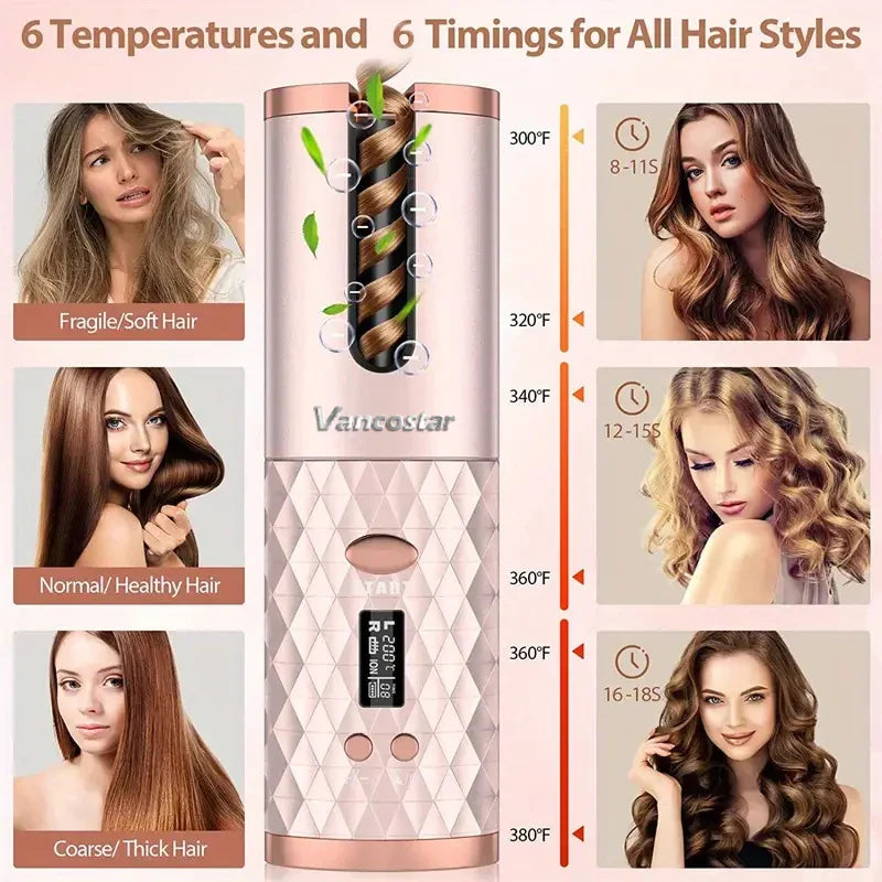 Boucleur à Cheveux Sans Fil Électrique - 6 Températures & 6 Minuteries LED - SHOP VELUMIA