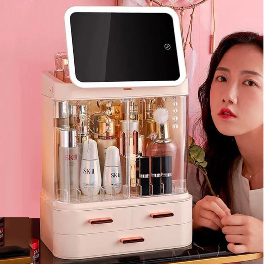 Organisateur Maquillage LED avec Miroir - Boîte Rangement Cosmétiques Tiroirs Anti-Poussière - SHOP VELUMIA